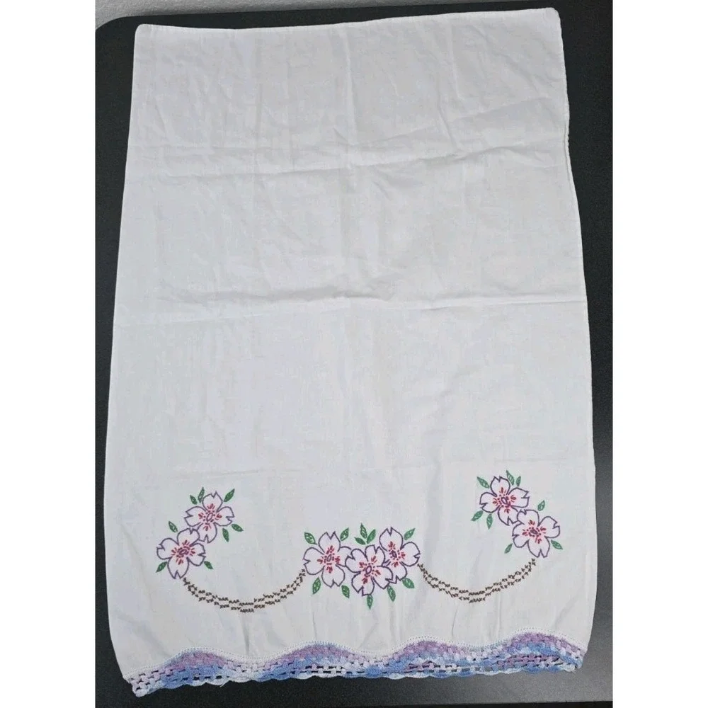 Vintage Pillowcase Hand Embroidery Crochet Trim Lavender 28x19 Cottage Boho Core